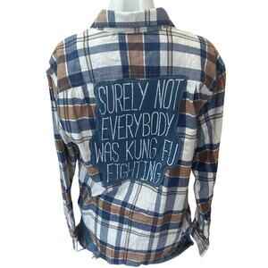 Surely Not Everybody Was Kung Fu Fighting Plaid Flannel Shirt SMALL Oversized
